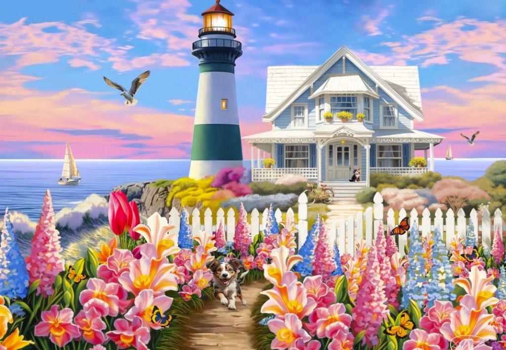A puppy running toward the viewer on a path through a vibrant flower garden with a lighthouse and cottage in the background.