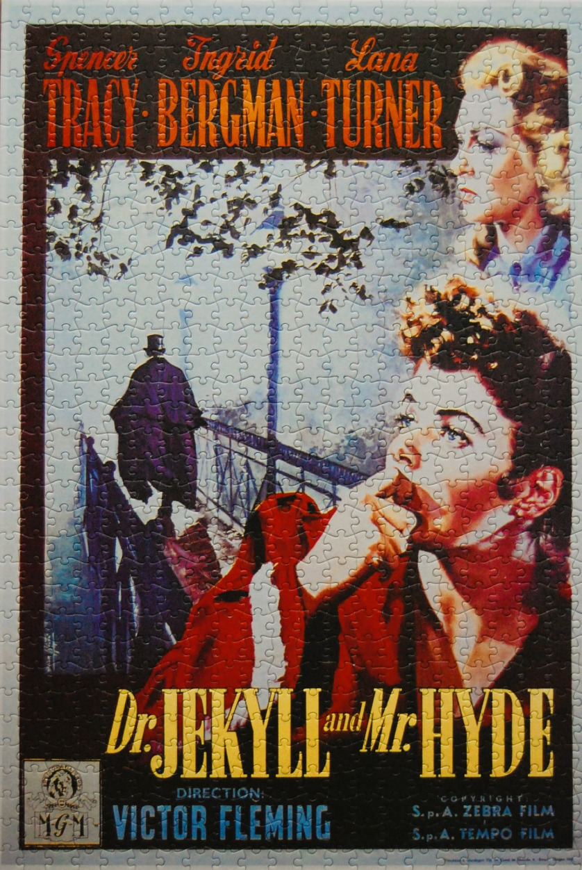 Vintage movie poster for Dr. Jekyll and Mr. Hyde featuring portraits of Spencer Tracy, Ingrid Bergman, and Lana Turner.