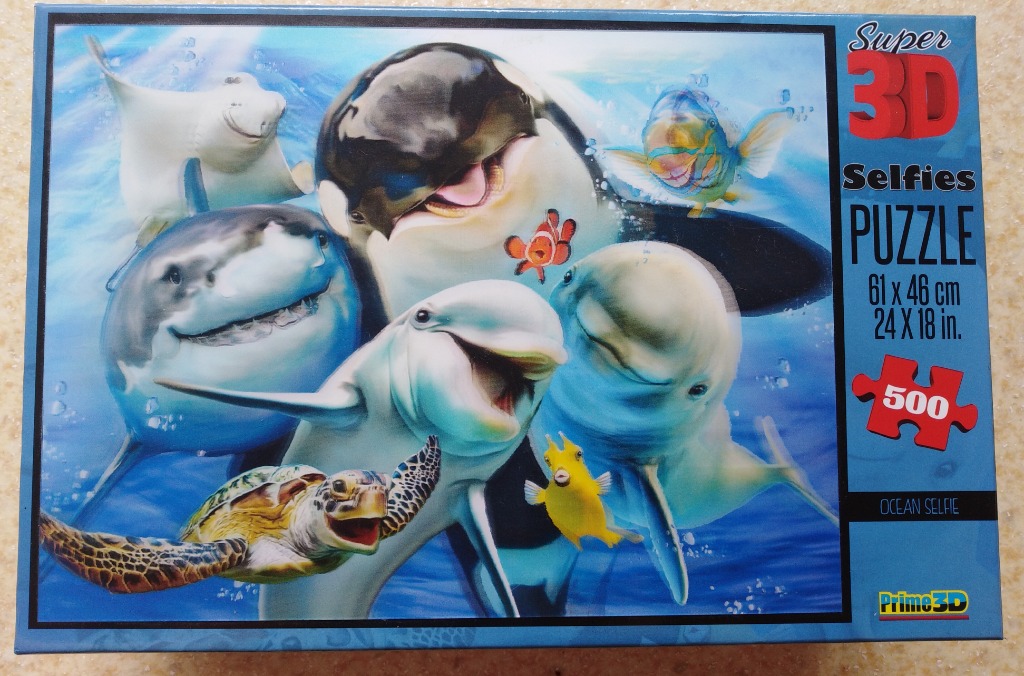Cartoon-style underwater scene featuring a group of smiling sea creatures posing together for a selfie.