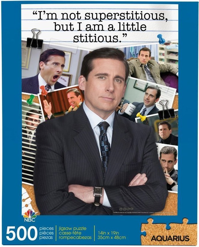 Collage of various facial expressions of a middle-aged man in a suit, with text reading I am a little stitious.