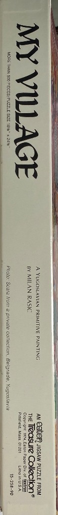 My Village jigsaw puzzle box, featuring "MY VILLAGE" in bold black lettering on a light background.