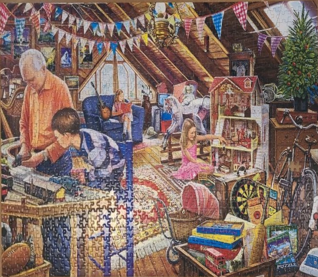 A cozy attic playroom scene featuring a grandfather and children playing with toys and games.