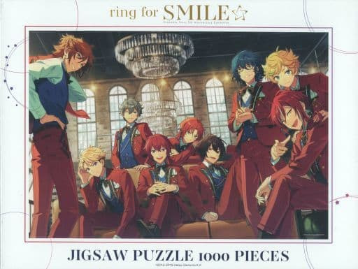 Eight anime-style young men in red suits posing in a grand ballroom.