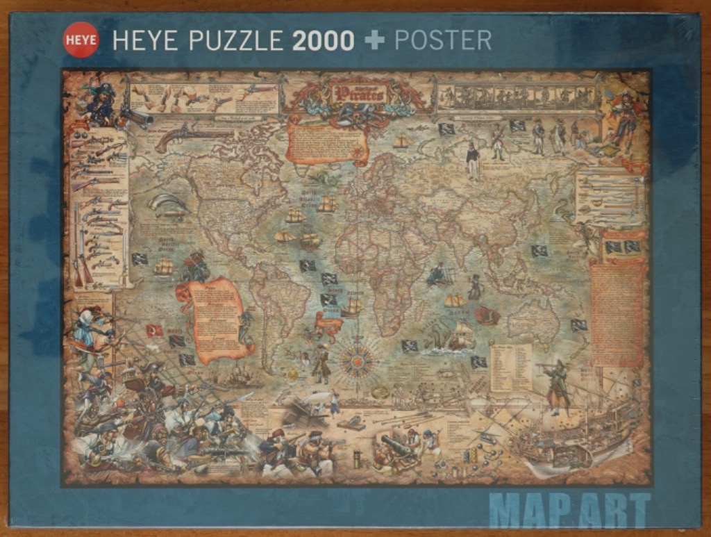 An illustrated, vintage-style pirate-themed world map with detailed nautical motifs and historical figures.