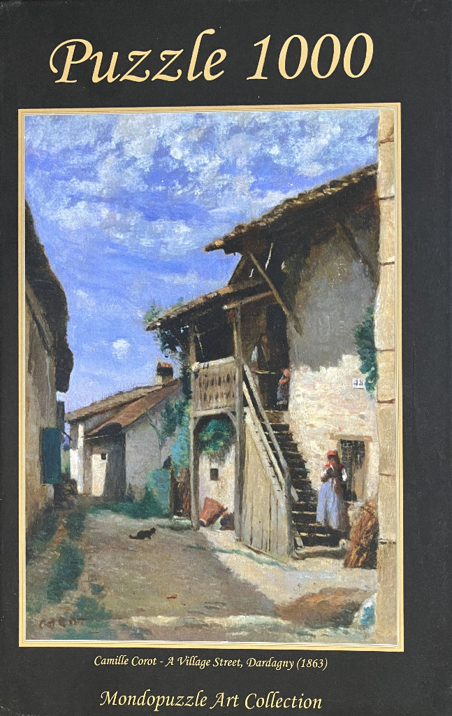 Oil painting of a village street in Dardagny by Camille Corot, showing stone buildings and a woman on stairs.