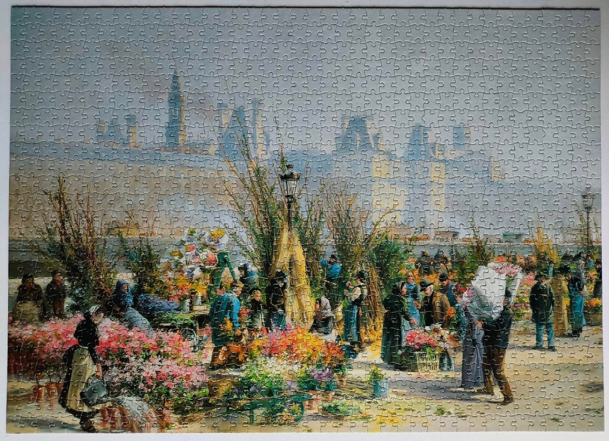 Impressionist painting of a busy flower market in a European city square with a silhouetted skyline in the background.
