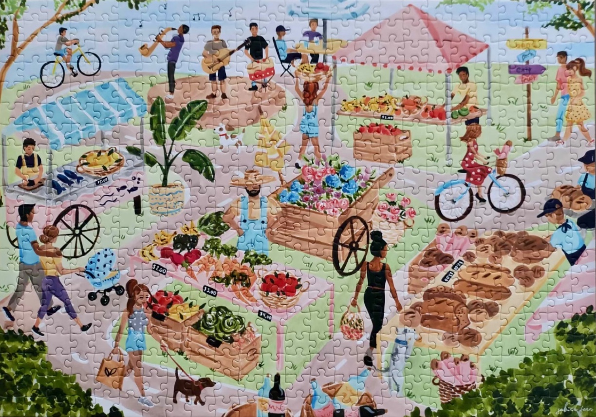 An illustration of a bustling farmers market with people shopping for fresh produce and enjoying live music.