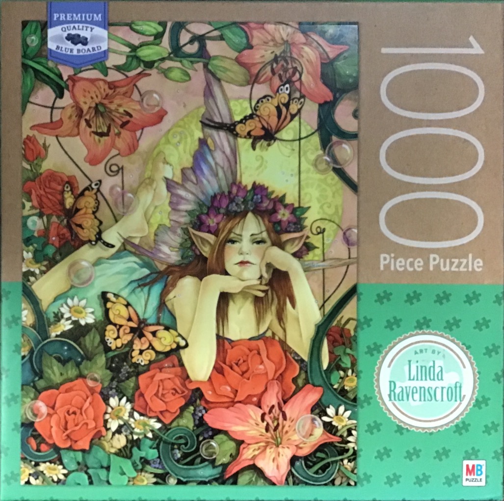 Fantasy illustration of a fairy with pointed ears surrounded by roses, lilies, and butterflies.