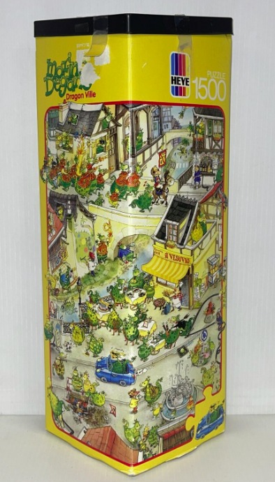 Cartoon illustration of a busy town filled with anthropomorphic green dragons