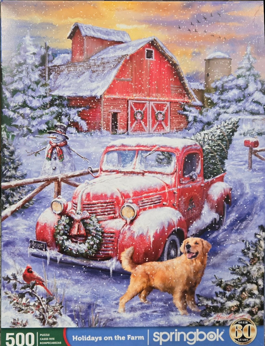A snowy farm scene with a bright red vintage pickup truck, a golden retriever, and a traditional red barn.