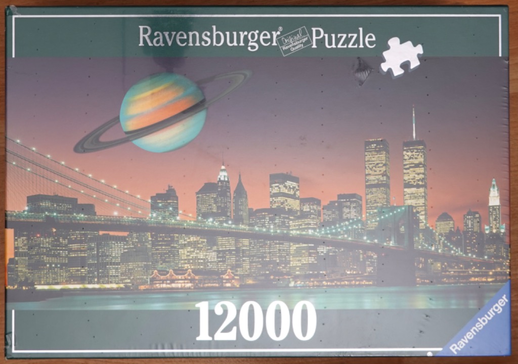 A surreal illustration of the New York City skyline at sunset with a large Saturn-like planet in the sky.