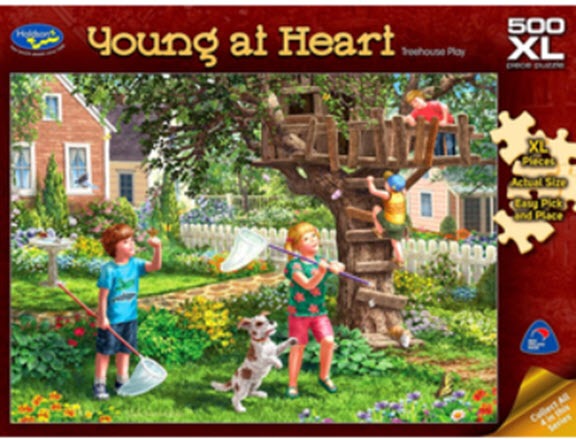 Three children playing near a wooden treehouse in a lush garden with a puppy