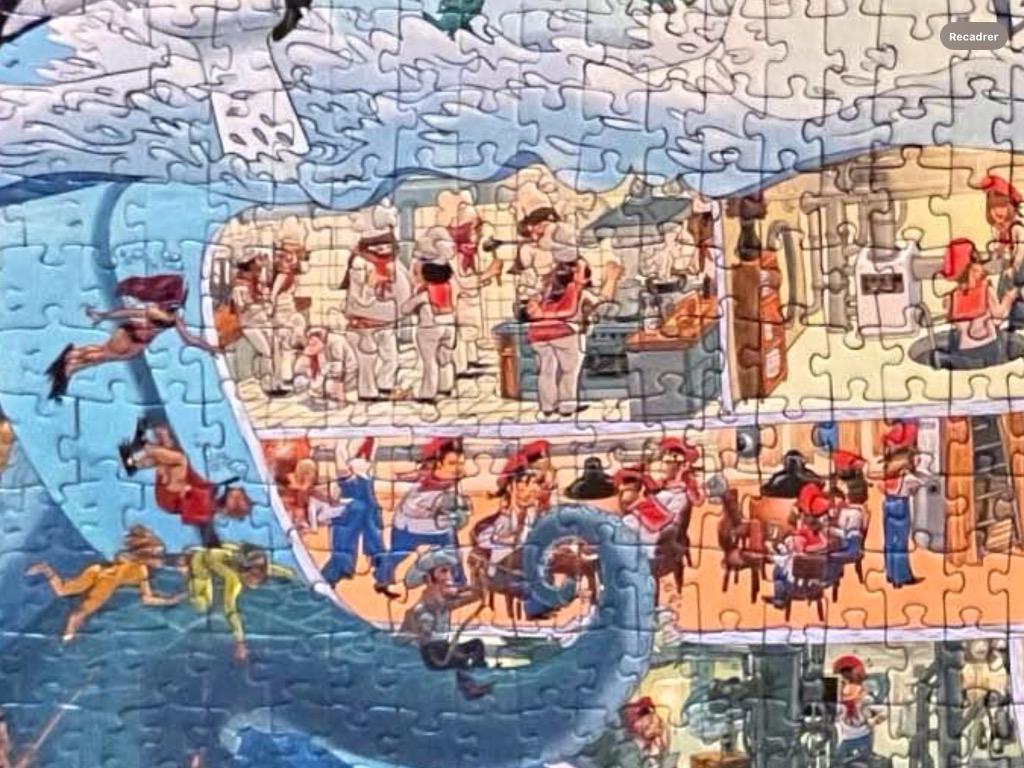 Cutaway illustration of a multi-level cruise ship being inspected by underwater divers.