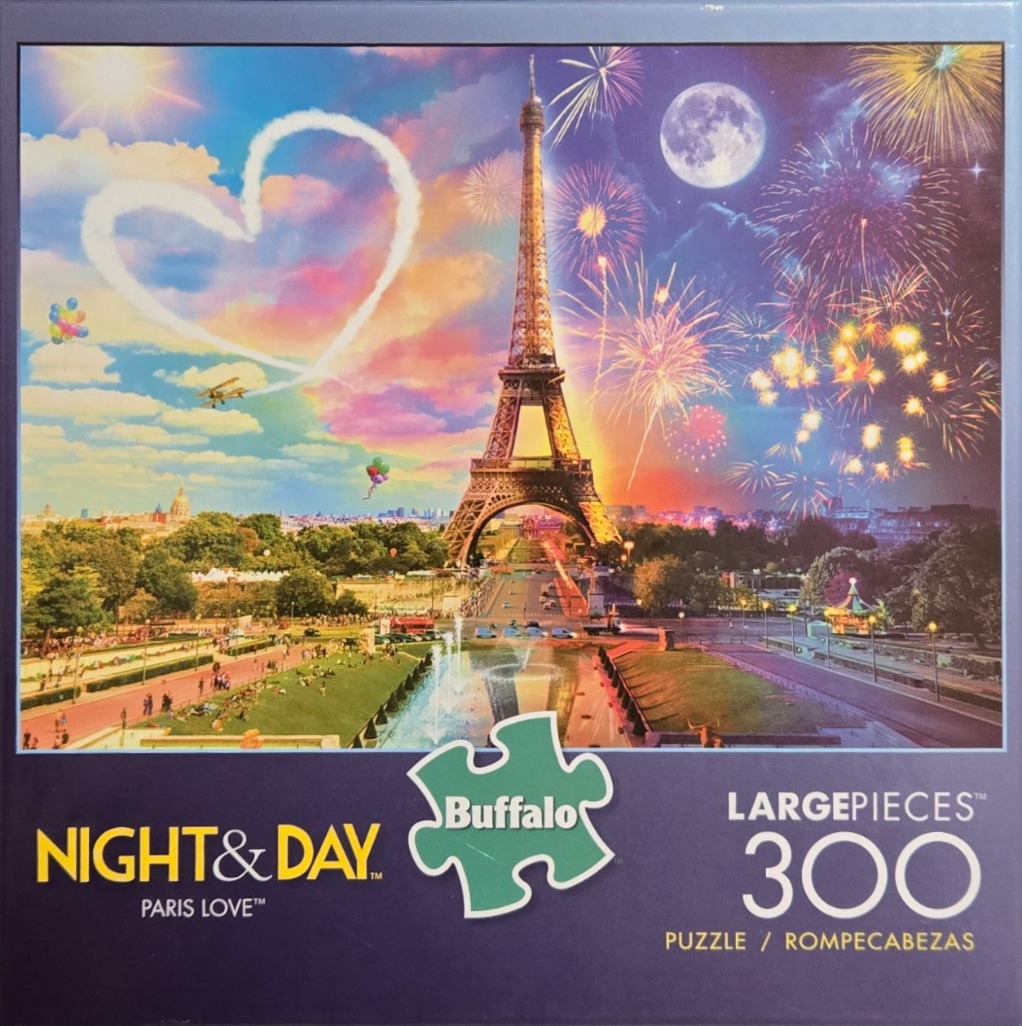 The Eiffel Tower transitioning from a sunny daytime scene with a heart cloud to a night scene with fireworks.