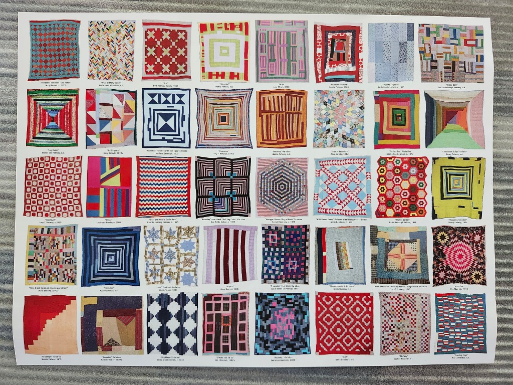 A grid of 40 unique, colorful, geometric quilt designs arranged in eight rows and five columns on a white background.