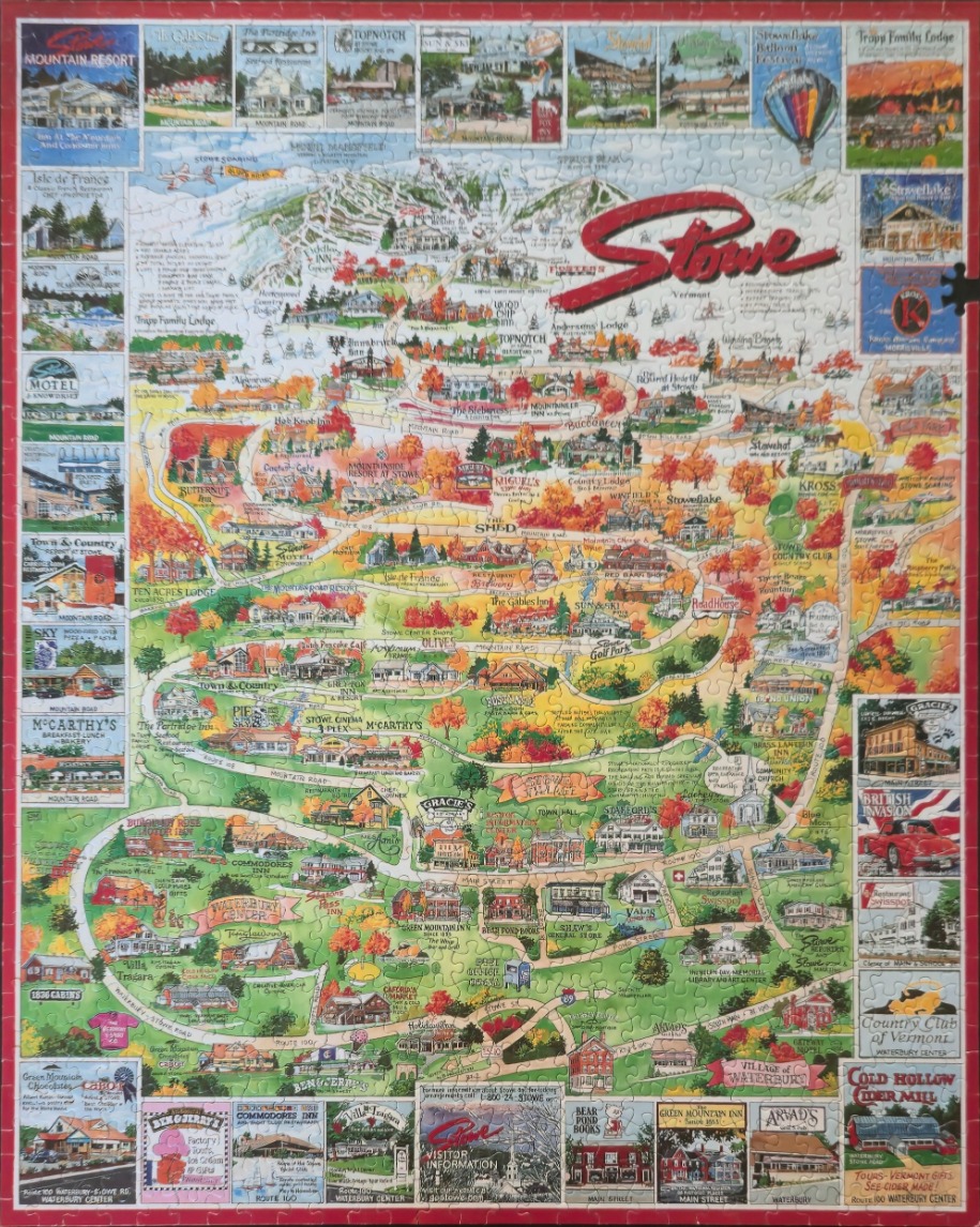 A whimsical illustrated map of Stowe, Vermont, surrounded by small vignettes of local landmarks and businesses.