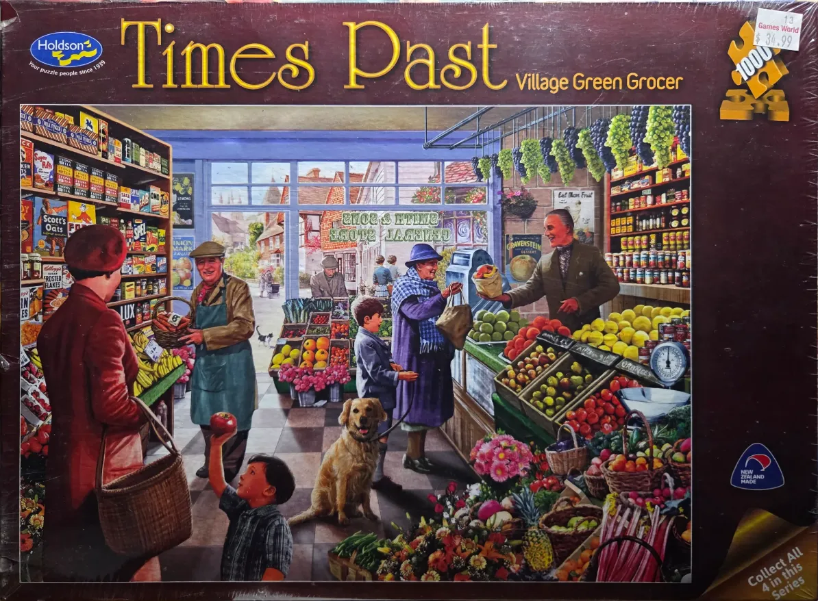 Nostalgic illustration of a busy, sunlit village grocery store with customers and a grocer.