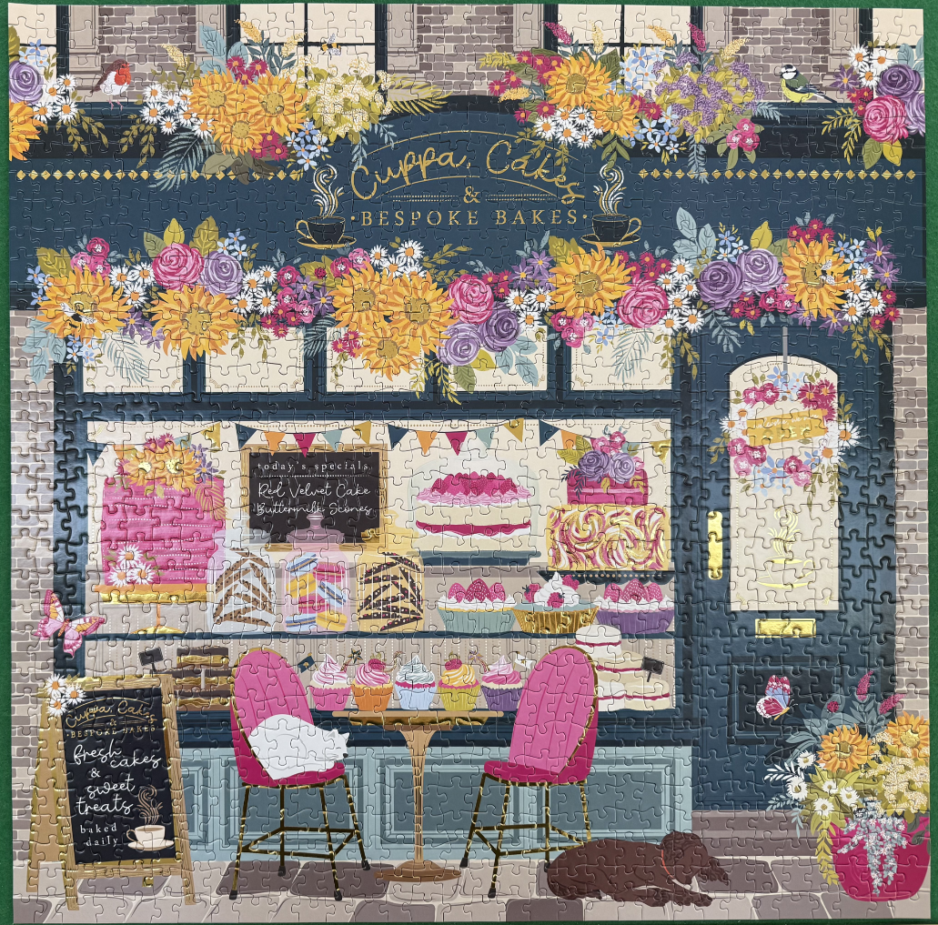 A charming illustration of a bakery storefront called Cuppa Cakes & Bespoke Bakes decorated with colorful flowers.
