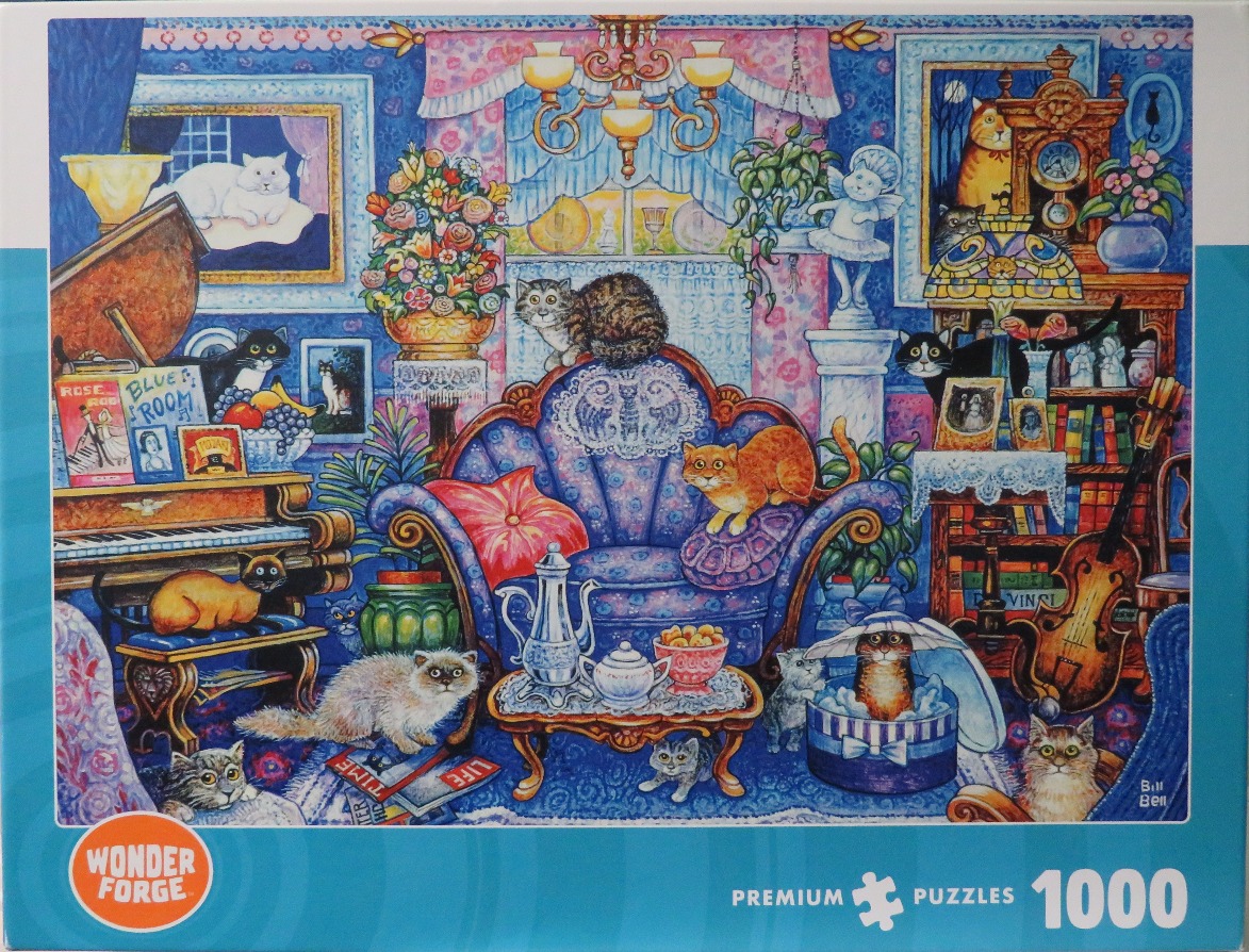 An illustration of a cozy parlor filled with many cats, a piano, and various furniture items in vibrant colors.