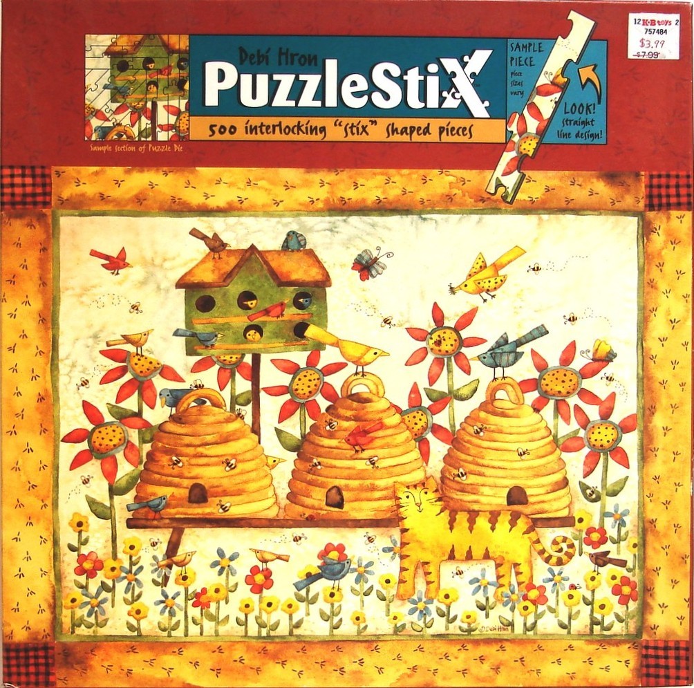 Folk art illustration of a birdhouse, three beehives, sunflowers, and a tabby cat in a meadow