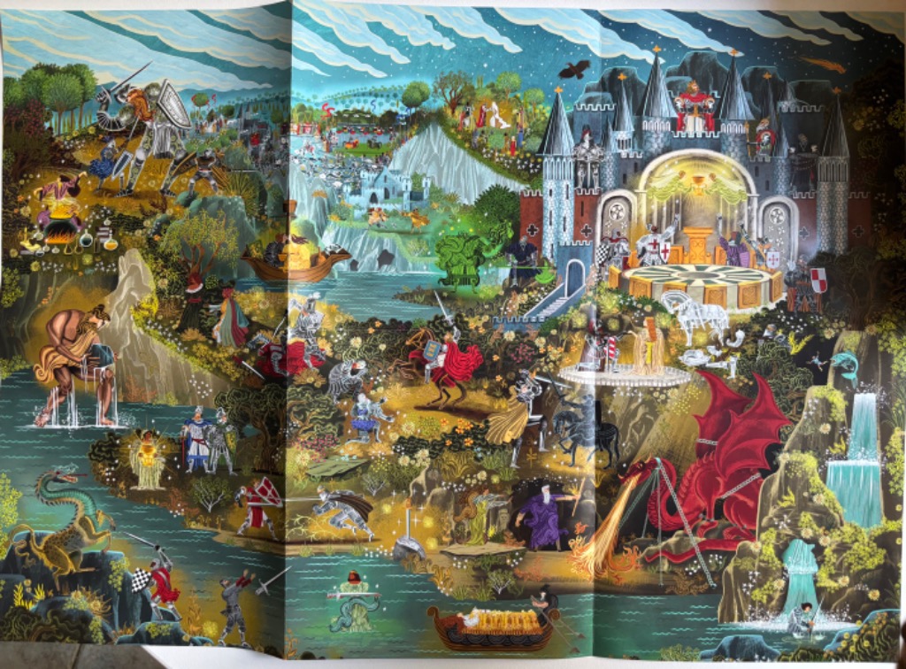 A sprawling fantasy illustration depicting a medieval kingdom with knights, dragons, and a castle.