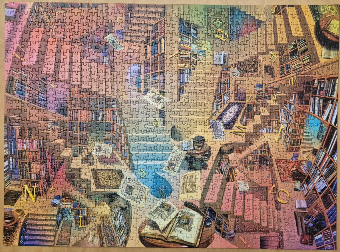 A whimsical illustration of a surreal library with floating books and shifting staircases.