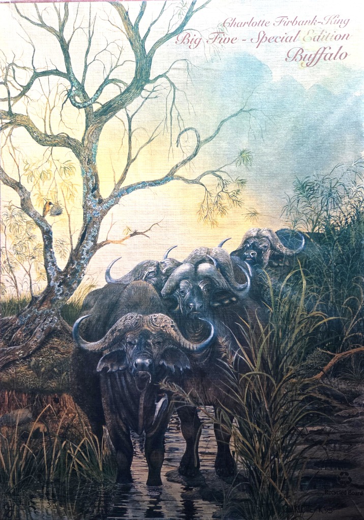 Painting of a small herd of Cape buffalo standing in a shallow riverbed at sunrise.