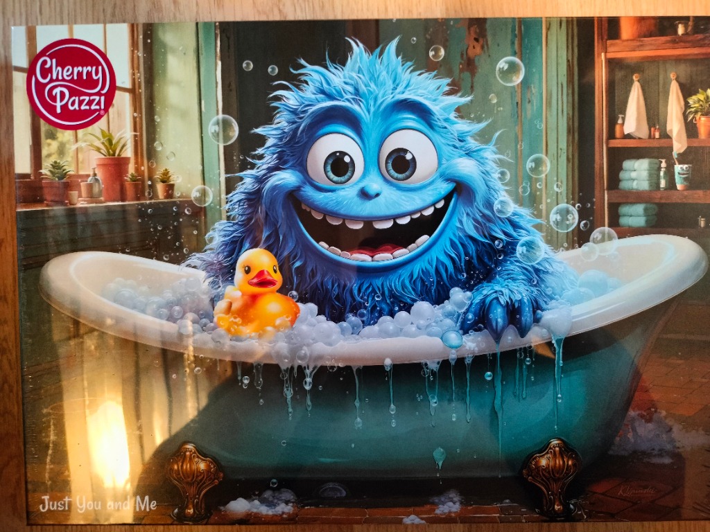 A blue furry monster in a bathtub with a rubber duck