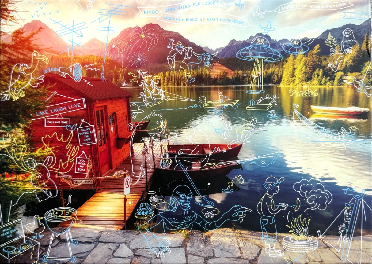 A realistic mountain lake photo overlaid with whimsical white and blue line-art doodles of campers, monsters, and UFOs.