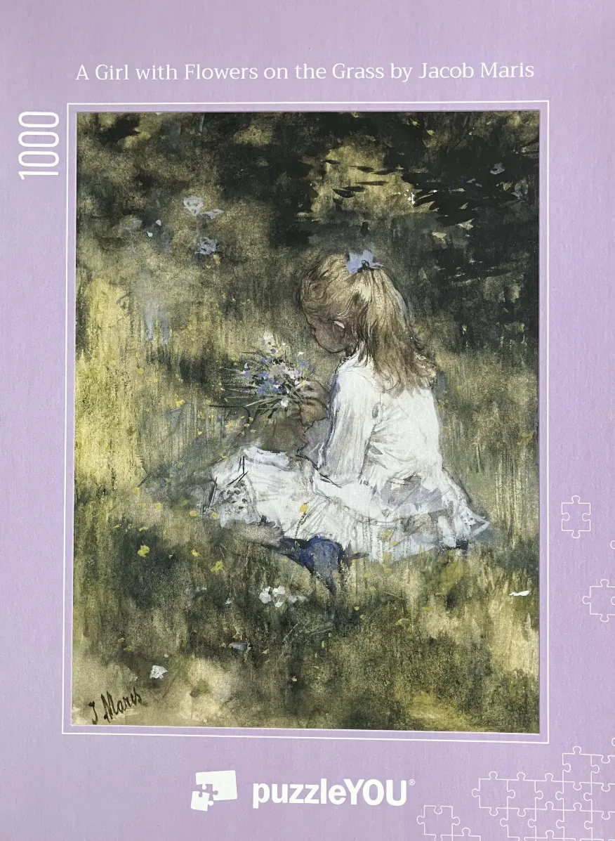 An oil painting of a young girl with blonde hair in a white dress sitting in a grassy meadow holding wildflowers.