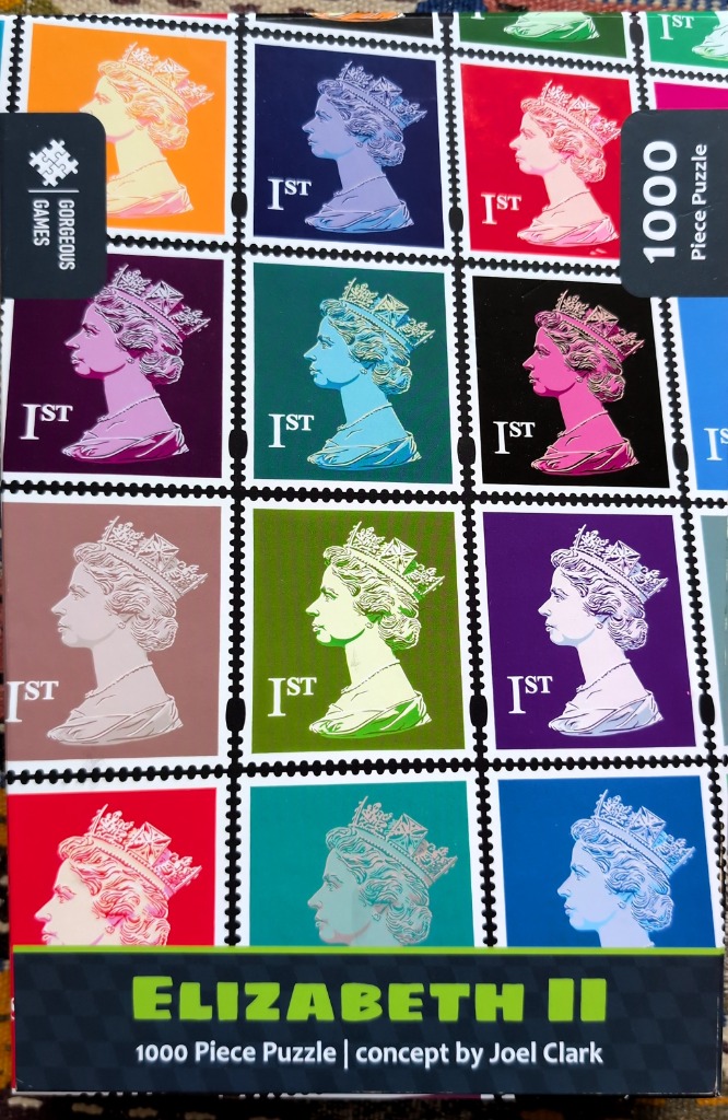 A grid of postage stamps featuring a silhouette profile portrait of Queen Elizabeth II in various vibrant colors.