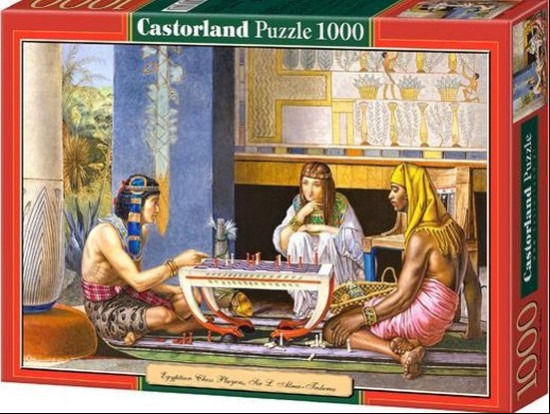 Three people in ancient Egyptian attire playing a board game in a decorated room.