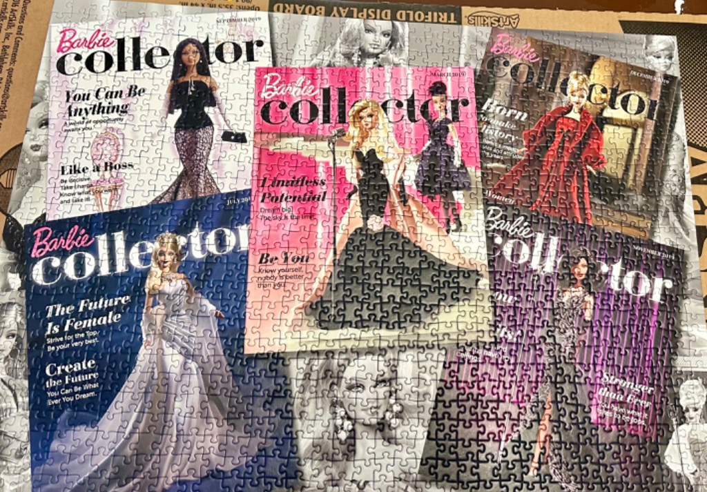 Collage of five Barbie Collector magazine covers featuring diverse dolls in elegant gowns and inspiring slogans.