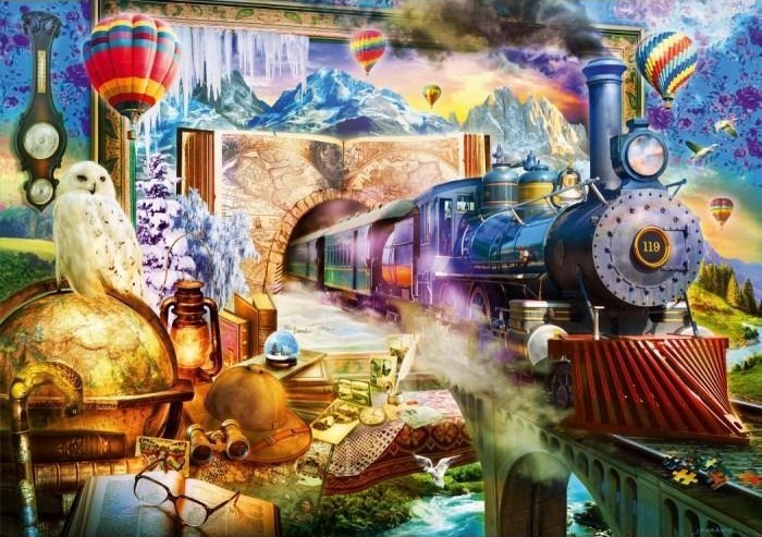 A fantasy scene with a steam locomotive emerging from a giant book against a backdrop of mountains and hot air balloons.