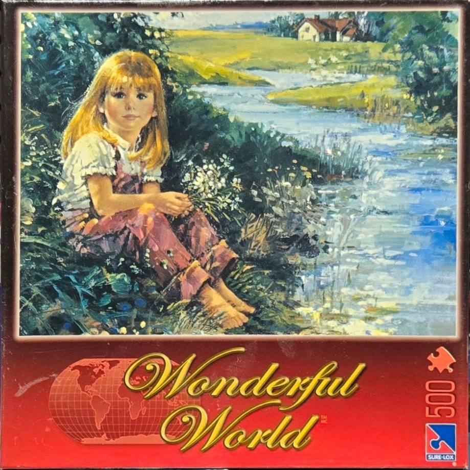 A young girl with blonde hair sits in a meadow by a stream, holding wildflowers in an impressionist style painting.