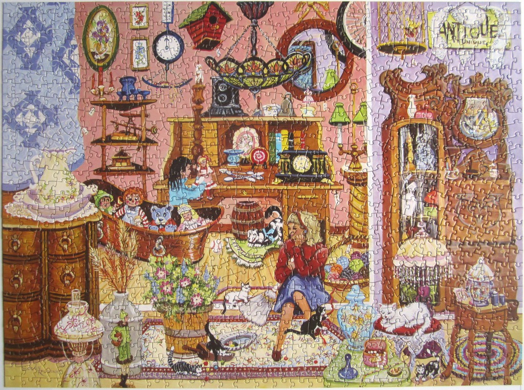 An illustration of an antique shop interior filled with furniture, collectibles, and cats.