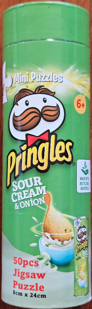 A green tube featuring the Pringles mascot and a Sour Cream & Onion potato chip image.