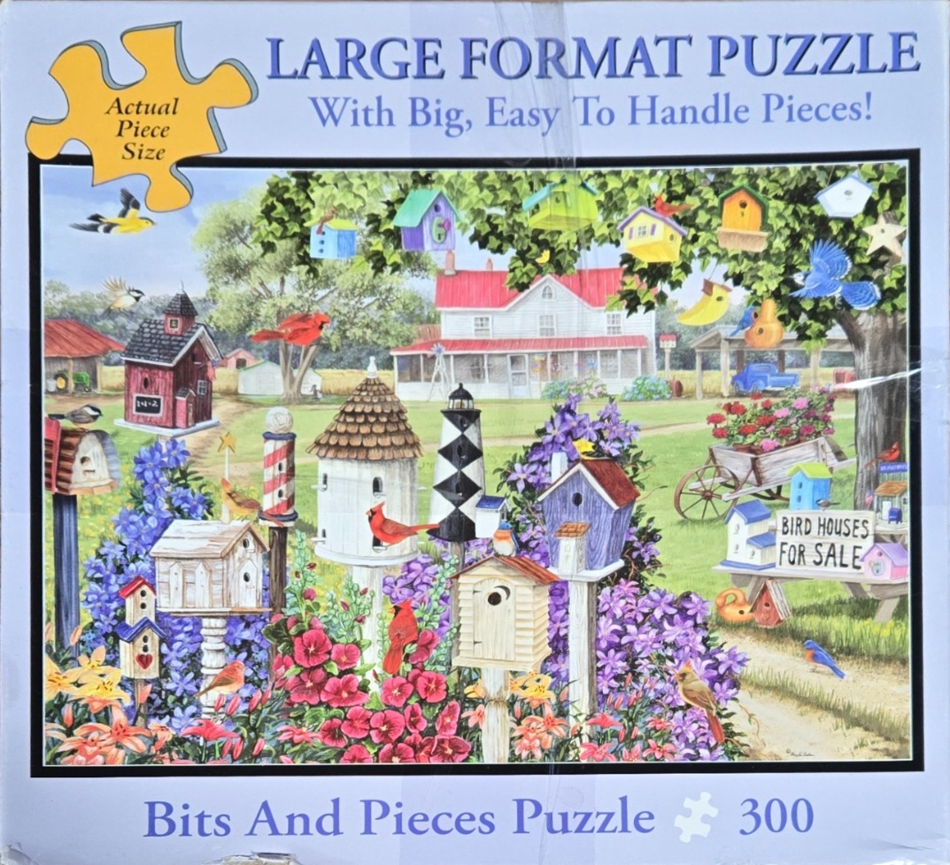 Painting of a garden filled with diverse birdhouses and various colorful birds in front of a white farmhouse.