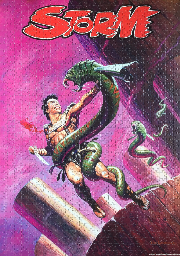 A comic book illustration of a warrior named Storm fighting a giant green serpent against a vibrant purple background.