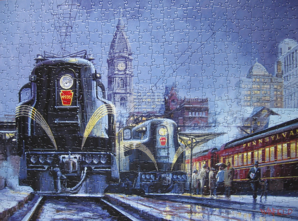 An oil painting of two vintage electric locomotives at a city train station in winter.