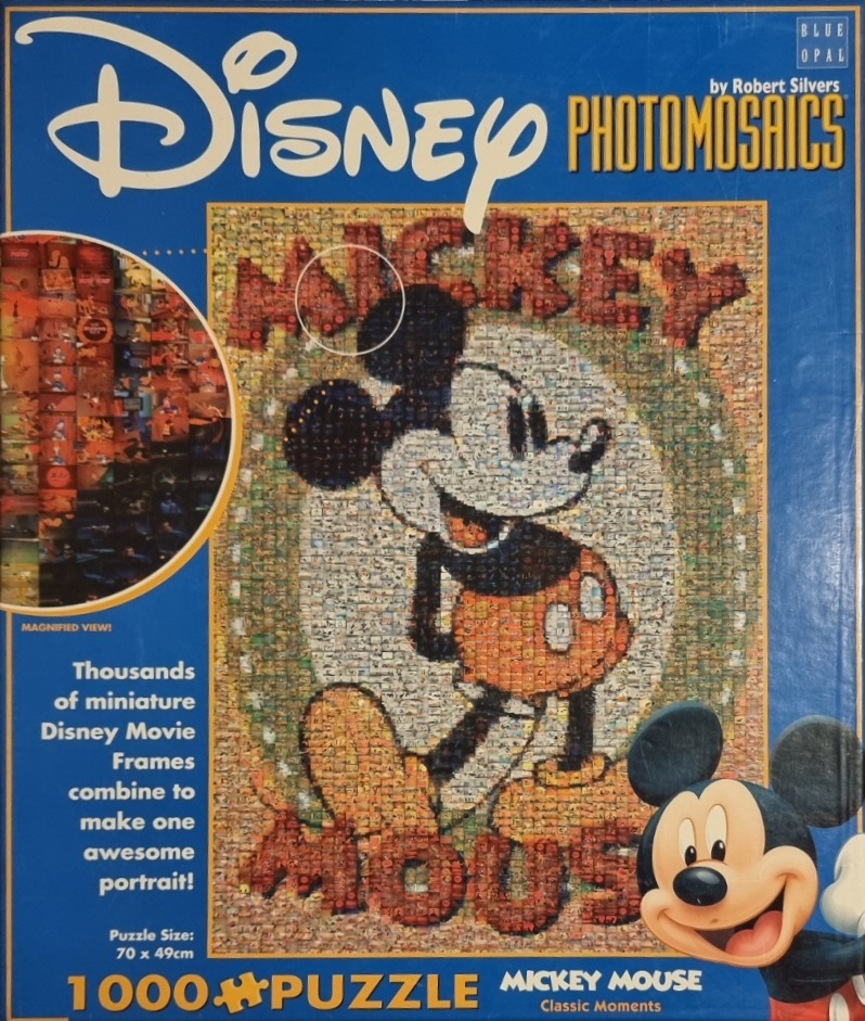 Photomosaic portrait of Mickey Mouse composed of thousands of miniature images from classic cartoons.