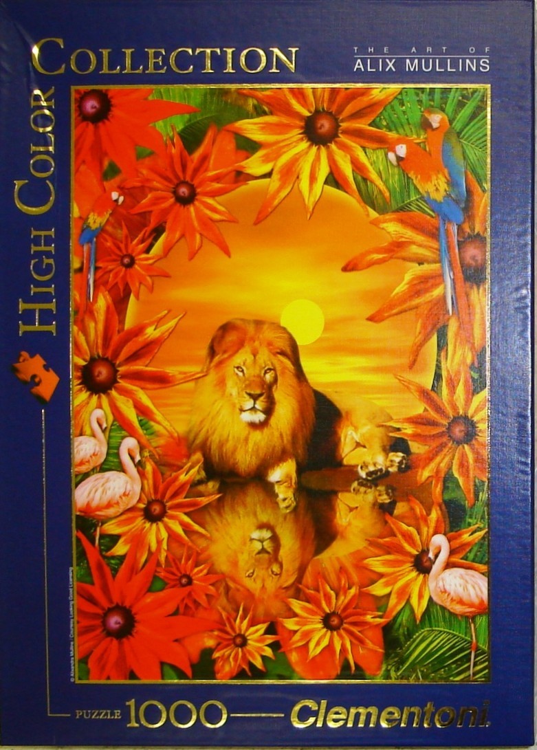 A regal lion lounging by a still pond surrounded by vibrant orange coneflowers, macaws, and flamingos at sunset.