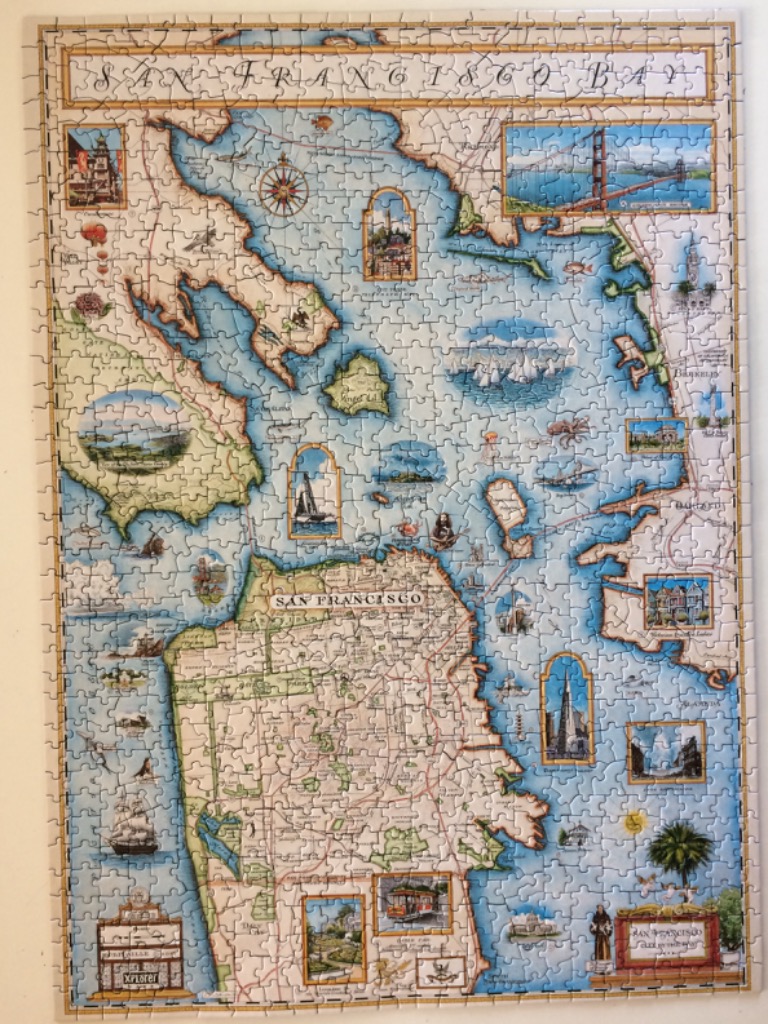 Vintage-style illustrated map of San Francisco Bay featuring landmarks, maritime vignettes, and cream-colored topography.