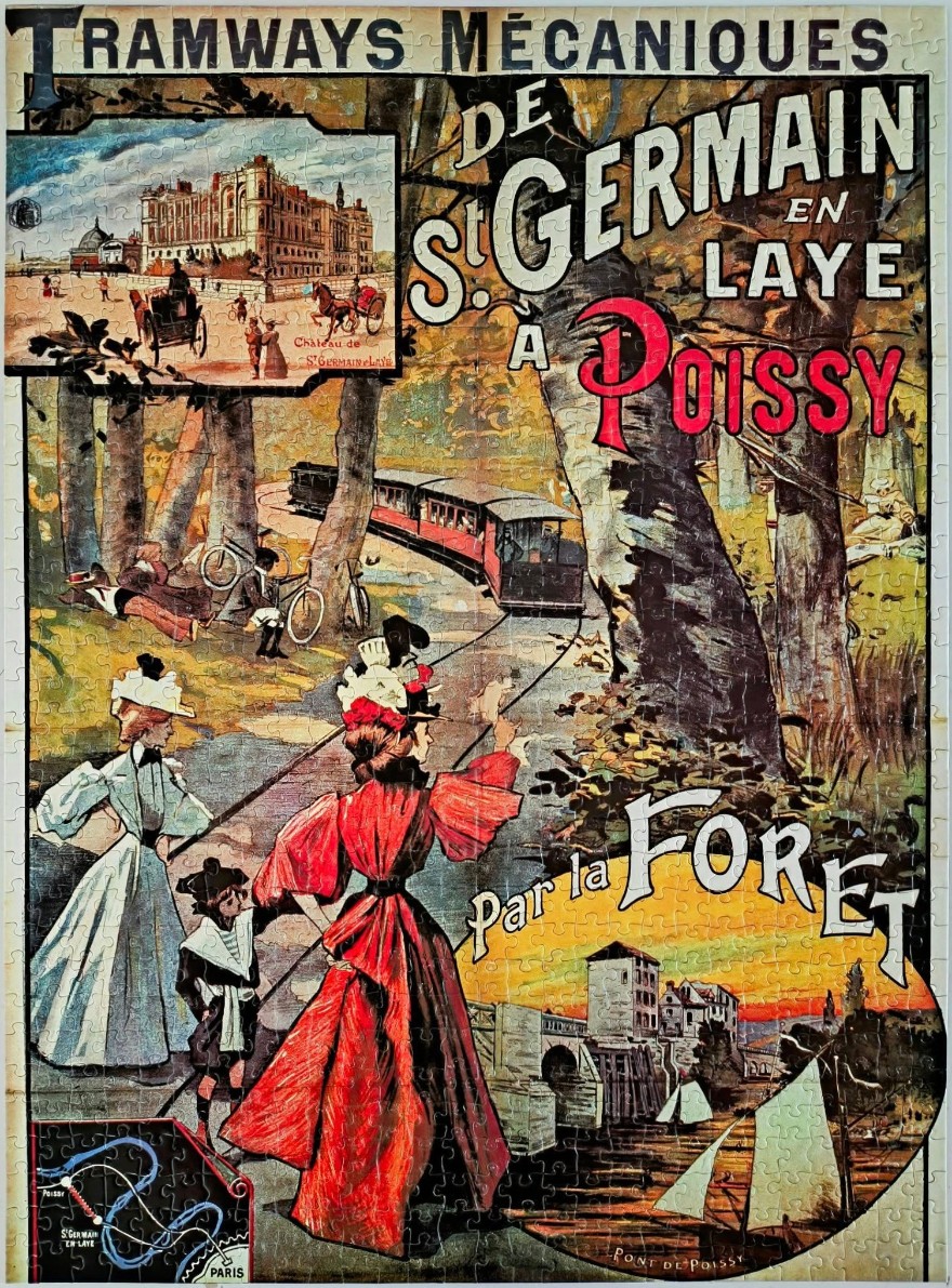 Vintage French travel poster advertising a tramway line through the forest of Saint-Germain-en-Laye to Poissy.