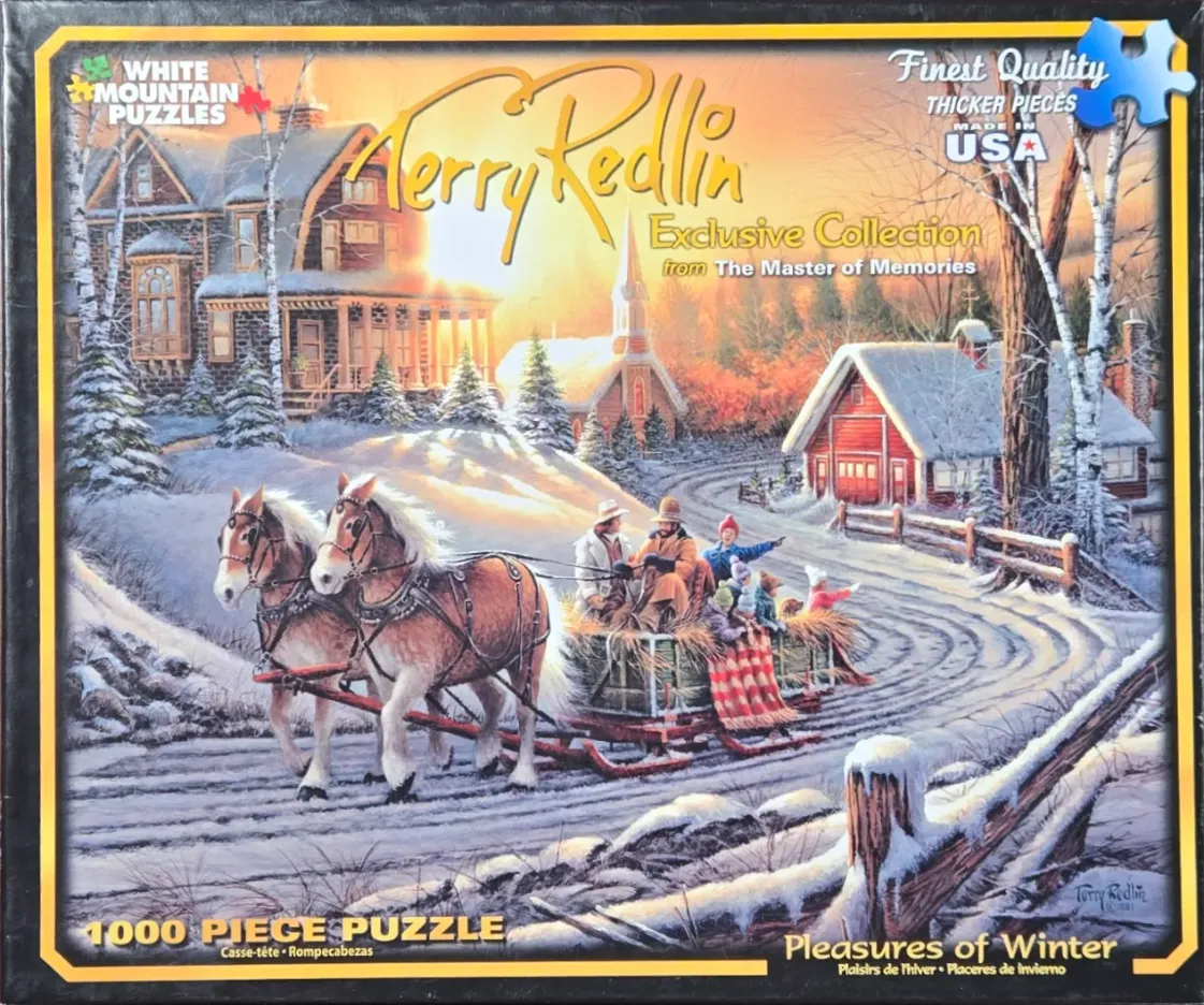 A horse-drawn sleigh with a family traveling down a snowy country road towards a village at sunset.