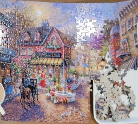 Painting of a bustling European-style town square with a flower shop, horse-drawn carriage, and outdoor fountain.
