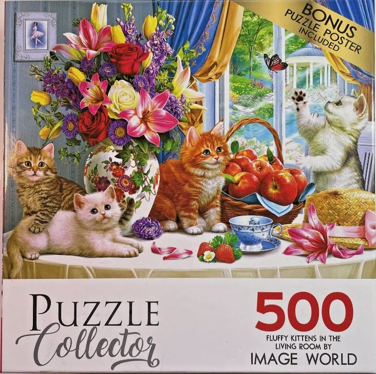 Four fluffy kittens playing on a table next to a large bouquet of flowers and a basket of apples.