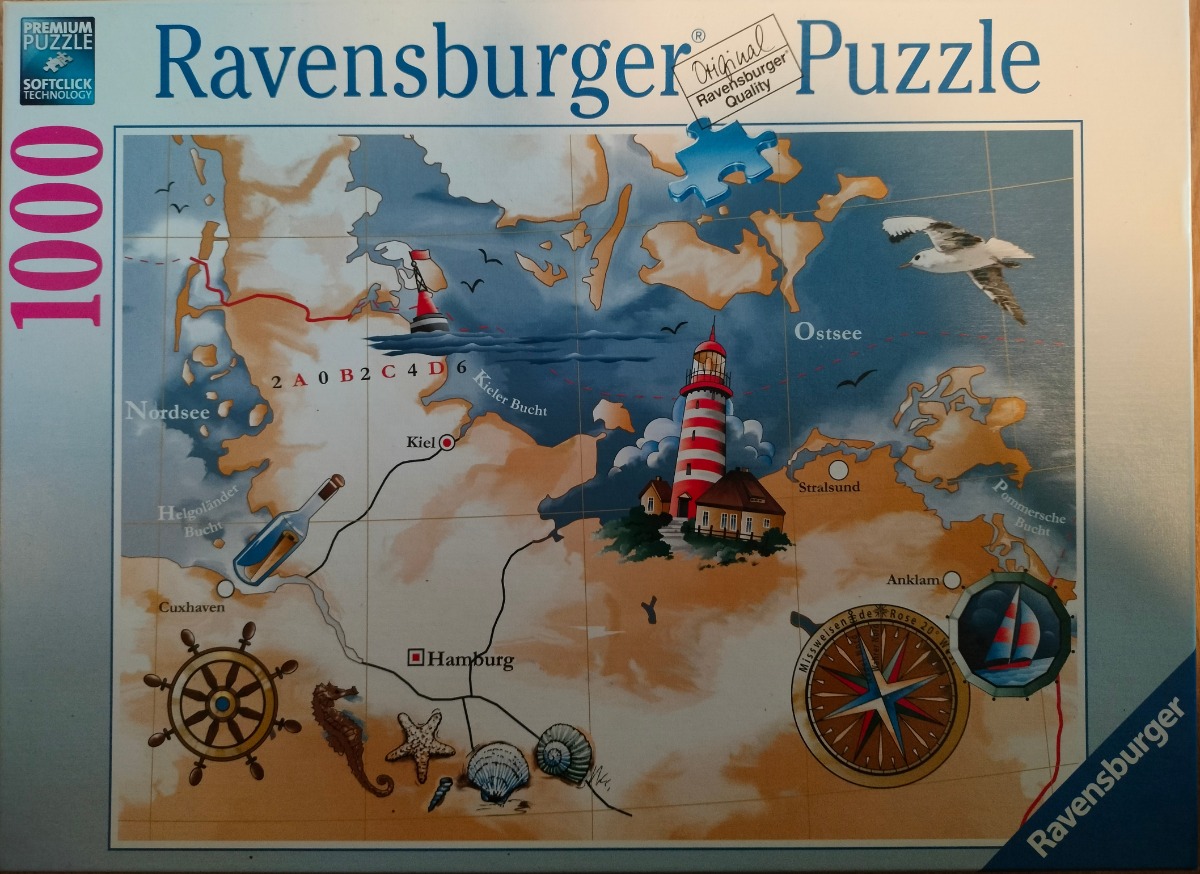 Map of the German Baltic and North Sea coast featuring a lighthouse, compass, and marine icons.