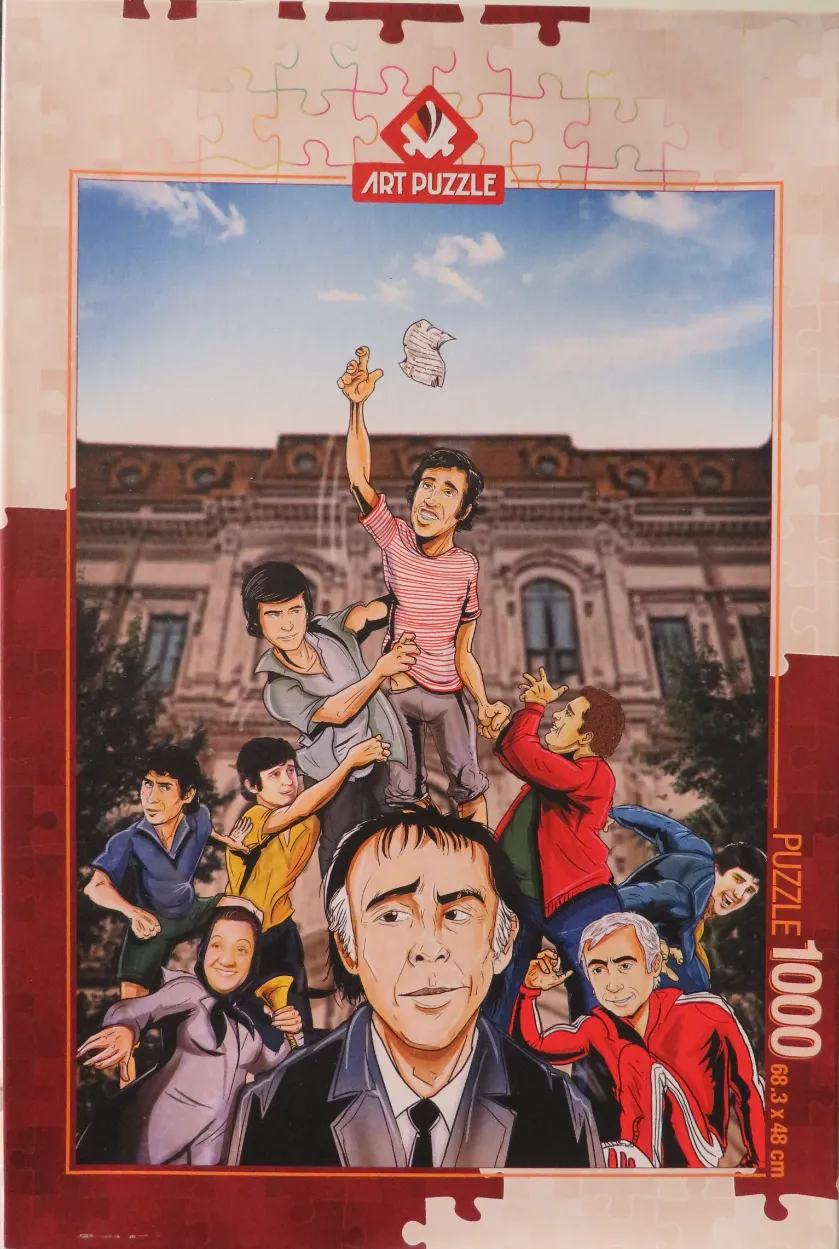 An illustration featuring a group of iconic characters from the Turkish film Hababam Sinifi in front of a historic building.