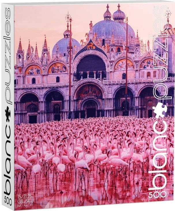 A flock of flamingos standing in a shallow pool in front of St. Mark